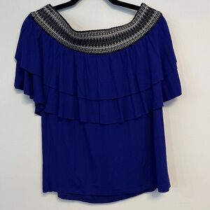 Zane Cobalt Blue Layered Blouse with Patterned Neckline